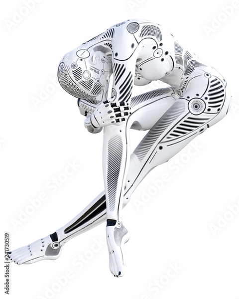 Fototapeta Robot woman. White metal droid. Android girl. Artificial Intelligence. Conceptual fashion art. Realistic 3D render illustration. Studio, isolate, high key.