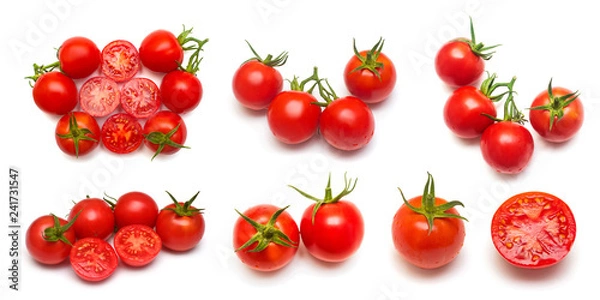 Fototapeta Tomatoes collection of whole and sliced isolated on white background. Tasty and healthy food. Flat lay, top view