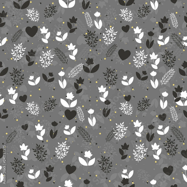 Obraz Seamless floral pattern with silhouettes of flowers, brunches and hearts and on a dark gray background