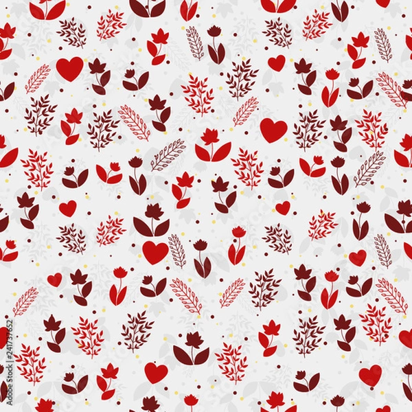 Obraz Seamless floral pattern with silhouettes of flowers, brunches and hearts and on gray background. 