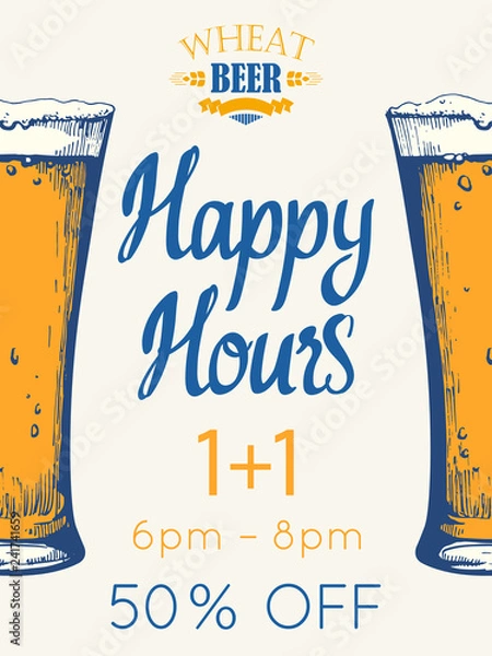 Fototapeta Happy hours poster. Vector illustration with glass of beer in sketch style for bar. Drink menu for celebration. Special offer.