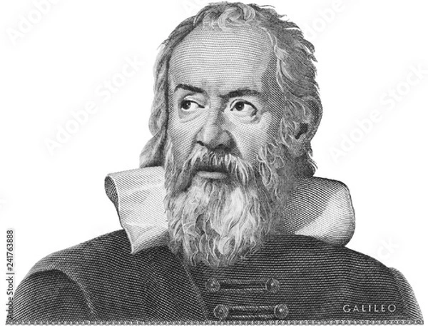 Fototapeta Galileo Galilei wytrawiony na włoskich pieniądzach. Genialny naukowiec, filozof, astronom, matematyk, ojciec fizyki i astronomii, wynalazca teleskopu