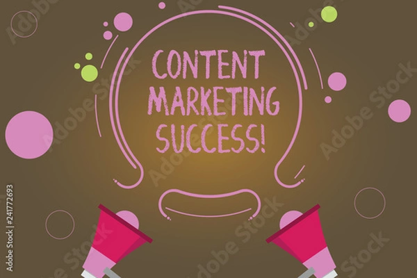 Fototapeta Text sign showing Content Marketing Success. Conceptual photo Improves brand awareness and recognition Two Megaphone and Circular Outline with Small Circles on Color Background