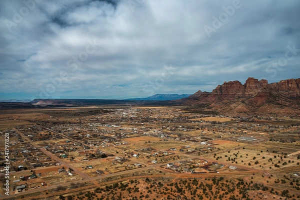 Obraz Aerial view of desert town on a cloudy day; Hildale and Colorado City, Utah and Arizona State line