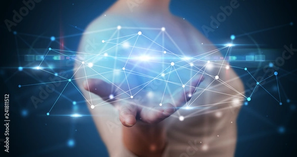 Fototapeta Handsome person holding hologram screen displaying modern cloud based web system technology
