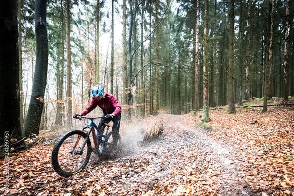 Obraz Sport extrême vtt de descente dans les bois en automne