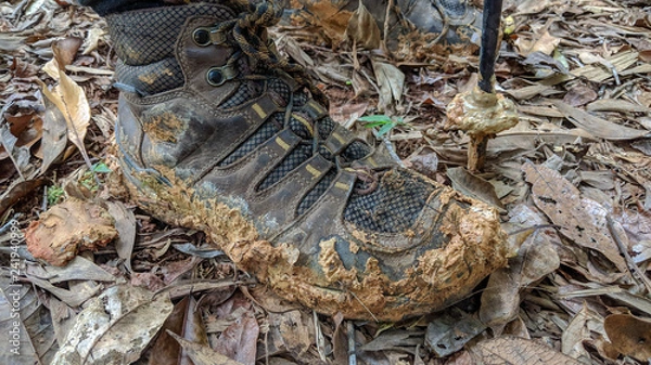 Fototapeta Mud cakes the boot of a hiker.