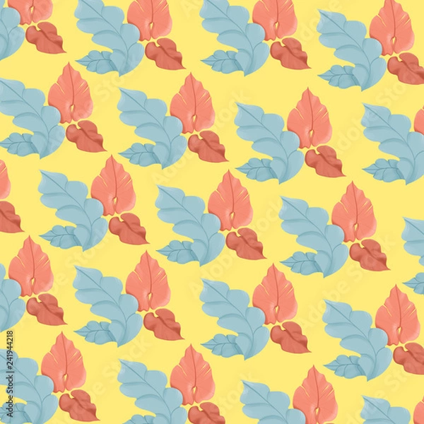Fototapeta Seamless leaf pattern with yellow background for wallpaper and clothes