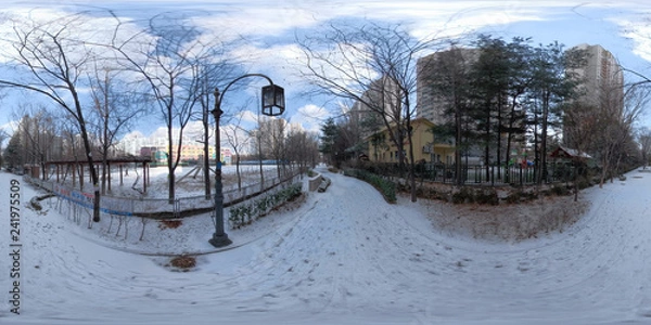 Obraz BUCHEON, SOUTH KOREA - December 13, 2018:  Panorama 360 degrees angle view of snow-covered park on a sunny day.