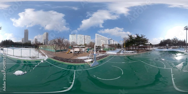 Obraz BUCHEON, SOUTH KOREA - December 13, 2018:  Panorama 360 degrees angle view of snow-covered park on a sunny day.
