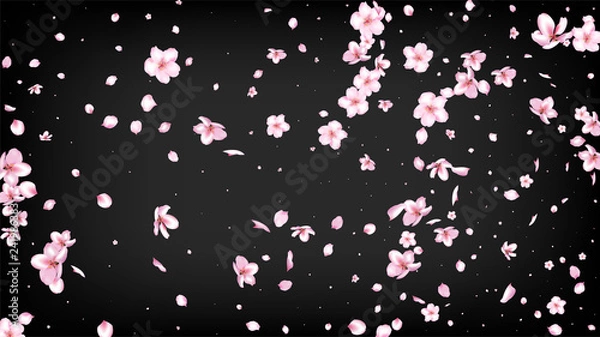 Fototapeta Ładny wektor Sakura Blossom. Magic Blowing 3D Petals Wedding Frame. Japońskie ilustracja kwiatów bokeh. Walentynki, Dzień Matki Piękny ładny Sakura Blossom Izolowany na czarnym