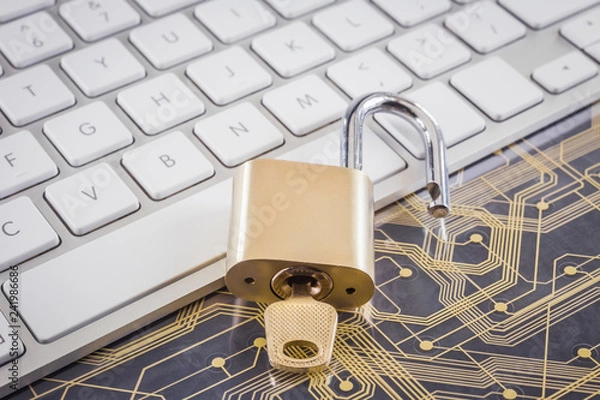 Obraz Cyber security with key lock, keyboard, circuit board.