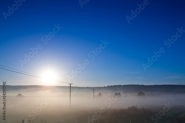 Fototapeta Cold sun on a blue sky over a field with a white fog, early autumn, a line of pillars across a field.