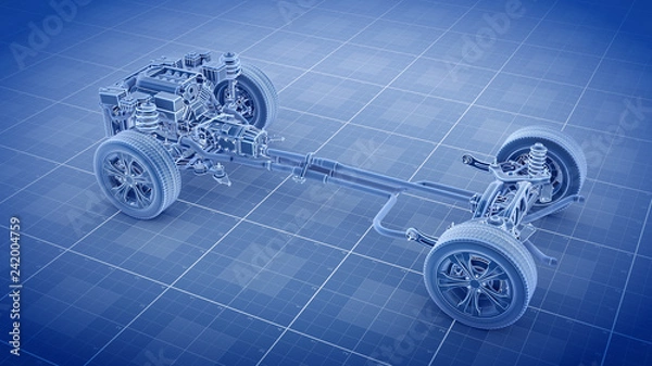 Fototapeta Working Car Internal Combustion Engine Scheme with chassis and wheels 3d render