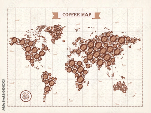 Fototapeta Coffee wirld map. Vector. Light background. Coffee break.