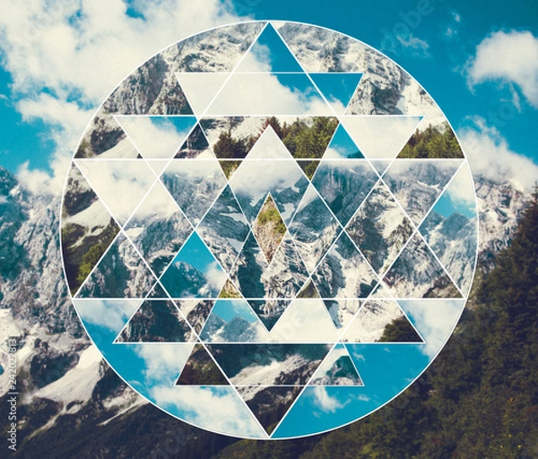 Fototapeta Collage with the mountains landscape and the sacred geometry symbol shri yantra
