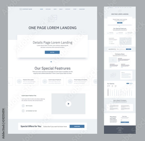 Obraz One page website design template for business. Landing page wireframe. Flat modern responsive design. Ux ui website: home, features, video, news, about us, statistic, company, order, contacts.