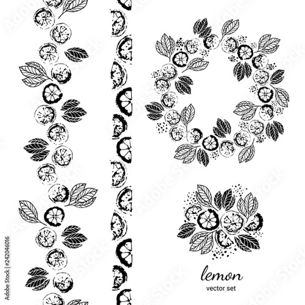 Fototapeta Lime or lemon set. Garland, wreath, bouquet. Print lemons. Citrus fruit background. Elements for menu, greeting cards, wrapping paper, cosmetics packaging, tea packaging. Black on white background.