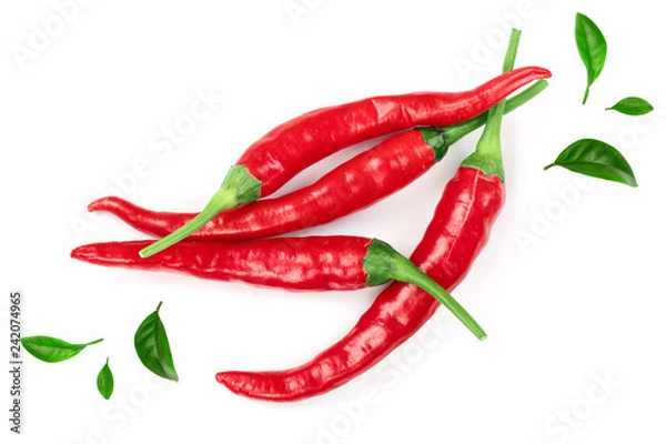 Fototapeta red hot chili peppers decorated with green leaves isolated on white background. Top view. Flat lay pattern