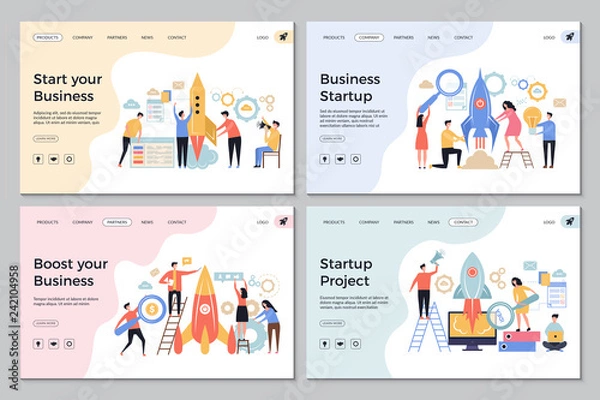 Fototapeta Startup landing pages. Web business sites design templates office managers director successful people launch startup vector symbols. Illustration of startup project, promotion and teamwork