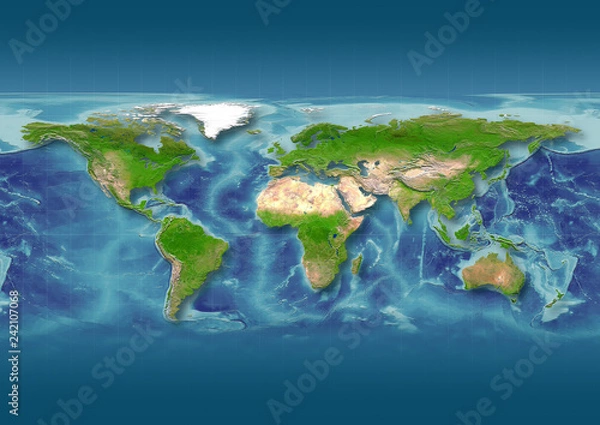 Fototapeta 2D illustration of the map of the world in relief depiction with europe in the centre, versions including borders and meridians