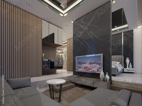 Fototapeta Luxury living room in penthouse,3d rendering