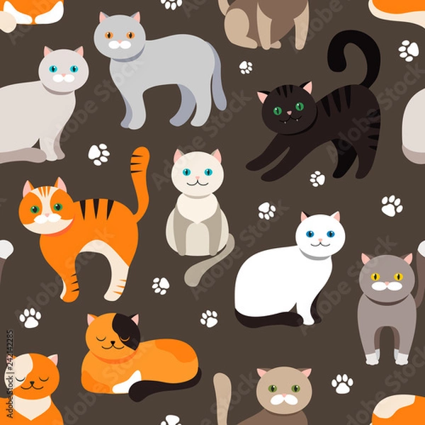 Fototapeta Cat background, seamless pattern. Vector flat illustration. Kitty, Pets.