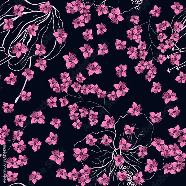 Fototapeta Realistic isolated seamless flower pattern. Vintage set. Wallpaper. Hand drawn. Vector illustration. Abstract flower drawing.