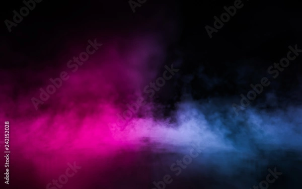 Obraz Empty scene  with glowing pink and blue smoke environment atmosphere on floor.  Fashion vibrant colors spectrum background. 3d rendering.