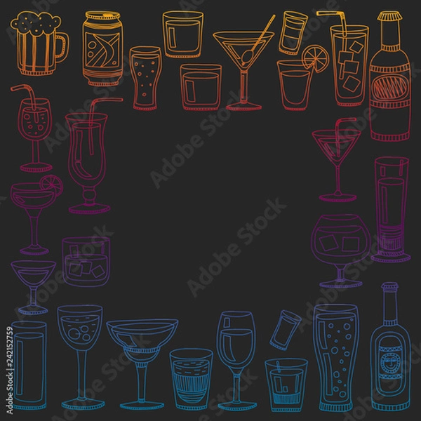 Fototapeta Vector set of popular cocktails for the menu. Doodle style icons.