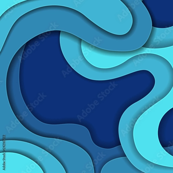 Fototapeta Colored paper waves, abstract, geometric background texture layers of depth in shades of blue.
