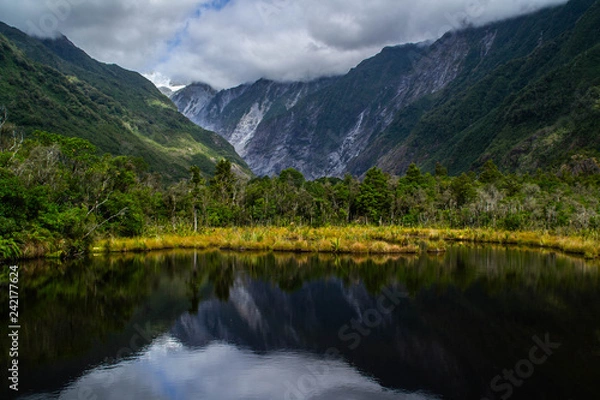 Fototapeta New Zealand tourist popular attractions/destinations concept. Scenic landscape view of valley and Franz Josef Glacier in summer season, located at West Coast, South Island. 
