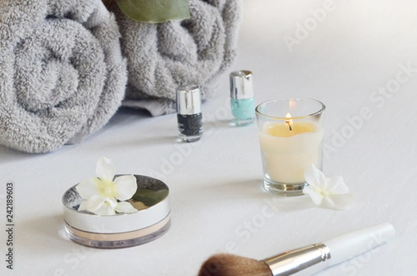 Fototapeta spa setting with towel ,candle and products