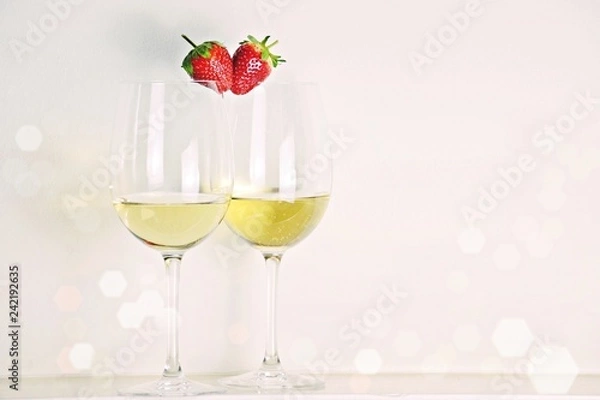 Fototapeta Two glasses of white wine with strawberry heart shape. Valentine's day concept 