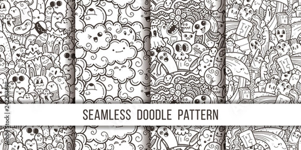 Fototapeta Collection of funny doodle monsters seamless pattern for prints, designs and coloring books