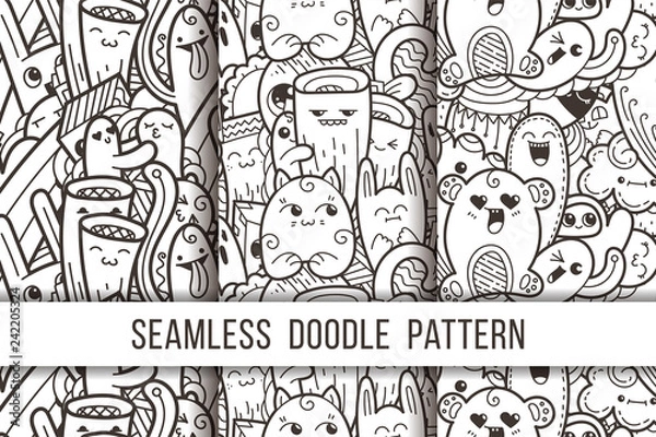 Fototapeta Collection of funny doodle monsters seamless pattern for prints, designs and coloring books
