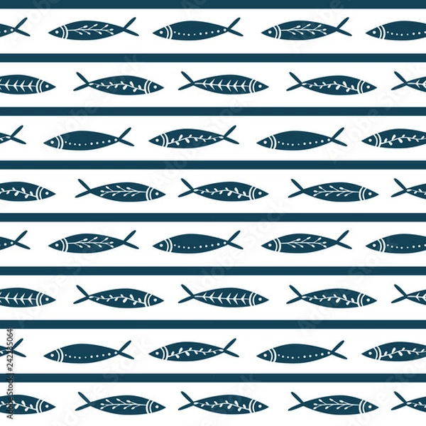 Fototapeta Seamless vector pattern with cute fishes. Striped pattern. For pattern fills, wallpaper, print for clothes, wrapping paper summer style
