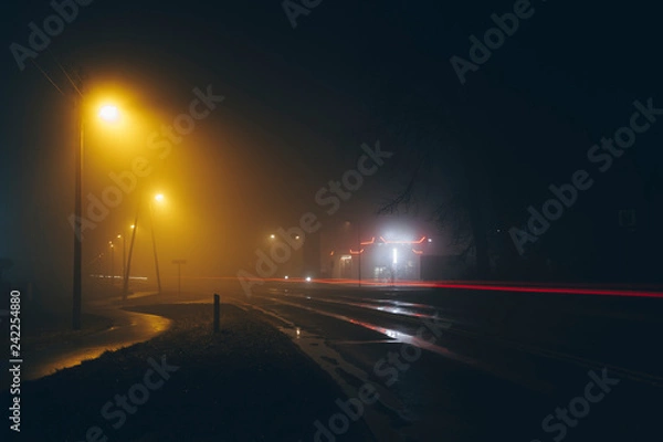 Fototapeta Red car light trails. Street light is yellow or orange. Foggy and rainy weather. There are puddles on the pavement. Empty space. Night. Spring or autumn. 