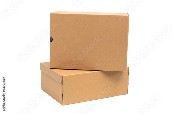 Fototapeta Brown cardboard shoes box with lid for shoe or sneaker product packaging mockup, isolated on white with clipping path.