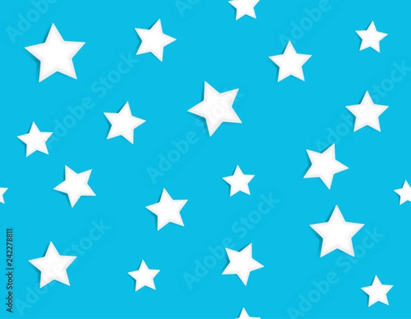 Fototapeta Abstract confetti seamless pattern with white stars scattered on light blue background. Festive holiday vector illustration.