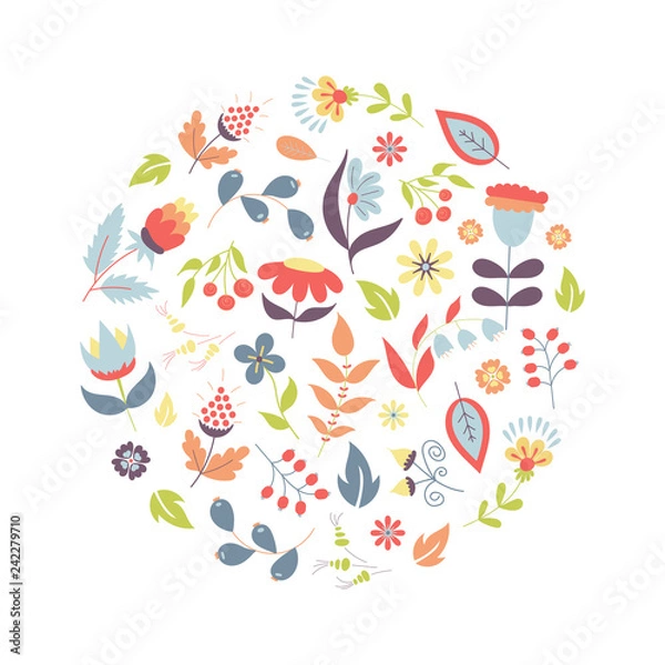 Fototapeta Hand drawn style summer or spring floral design element or logo in circle shape. Business identity