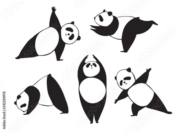Fototapeta Panda in different joga pose. Black and white vector illustration. Simple bear who does exercises