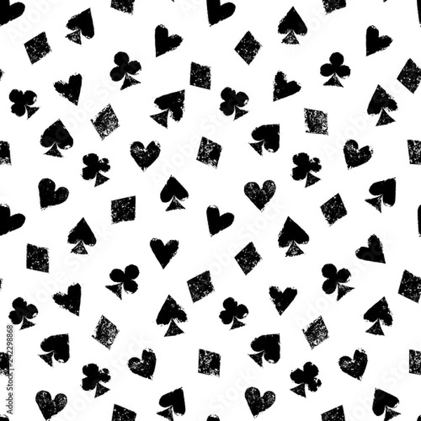 Obraz Playing cards different suits - hearts, diamonds, spades and clubs - black and white grunge seamless pattern, vector