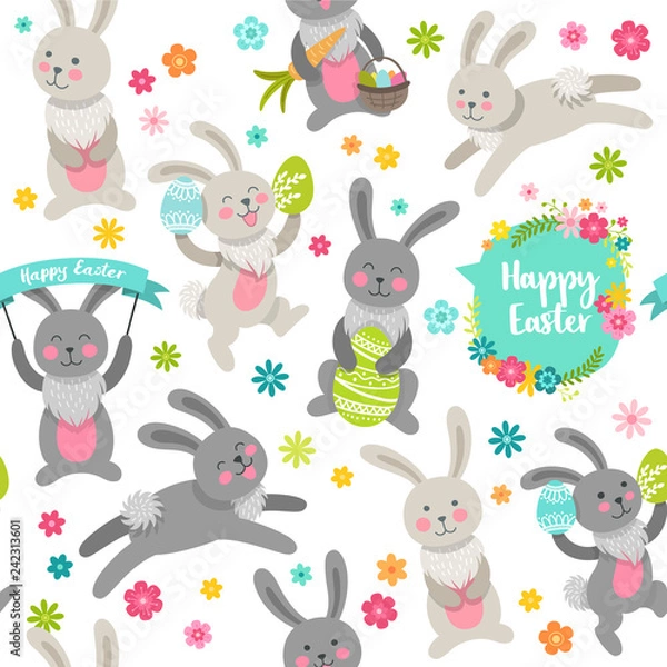 Obraz Happy Easter. Vector cartoon style easter bunny seamless pattern
