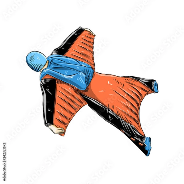 Fototapeta Hand drawn sketch of wingsuit in color, isolated on white background. Detailed vintage style drawing. Vector illustration