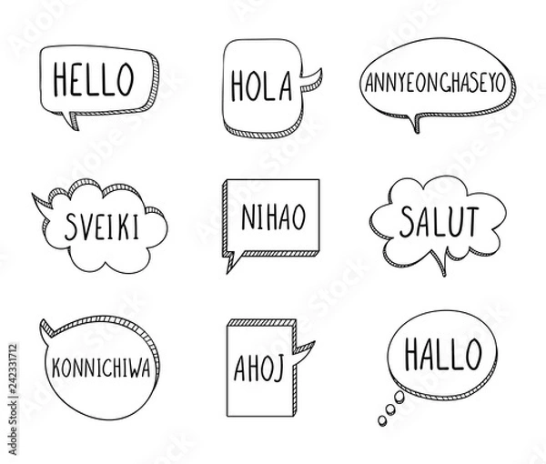 Obraz Vector Talk Bubbles with Hellos on Different Languages: English, Spanish, Korean, Lithuanian, Chinese, French, Japanese, Czech, German, Isolated.