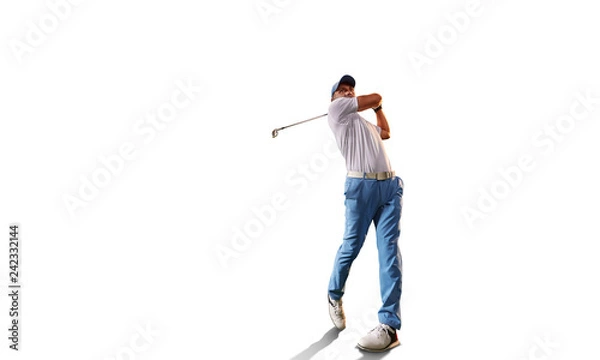 Obraz Male golf player on white background. Isolated golfer with golf club taking a shot