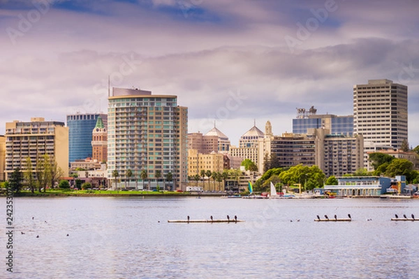 Fototapeta Downtown Oakland as seen from across Lake Merritt on a cloudy spring day, San Francisco bay area, California