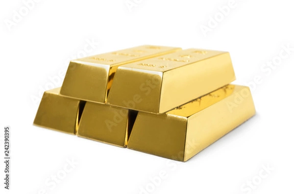 Obraz Stack of shining gold bars isolated on white