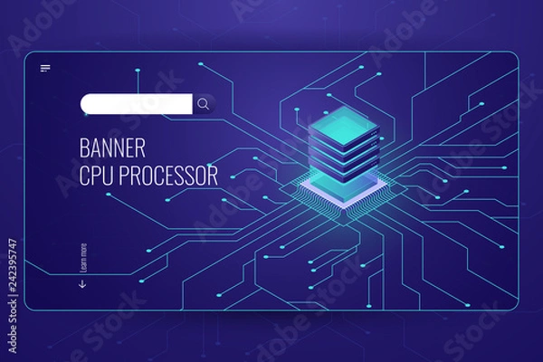 Fototapeta Big data processing, CPU processor isometric banner, network data transfer and calculation, dark neon violet